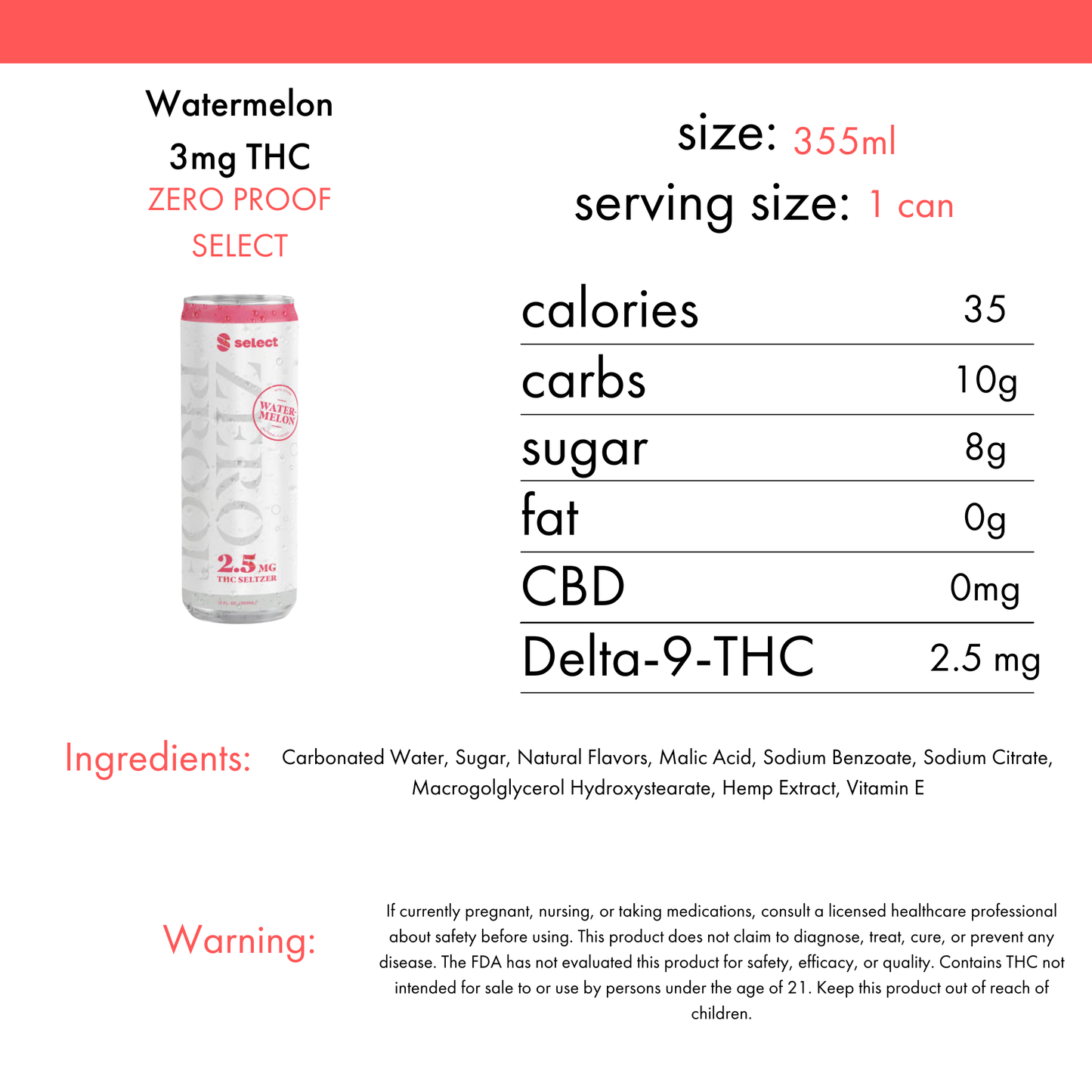 Zero Proof Watermelon Seltzer 2.5mg THC | 4-pack