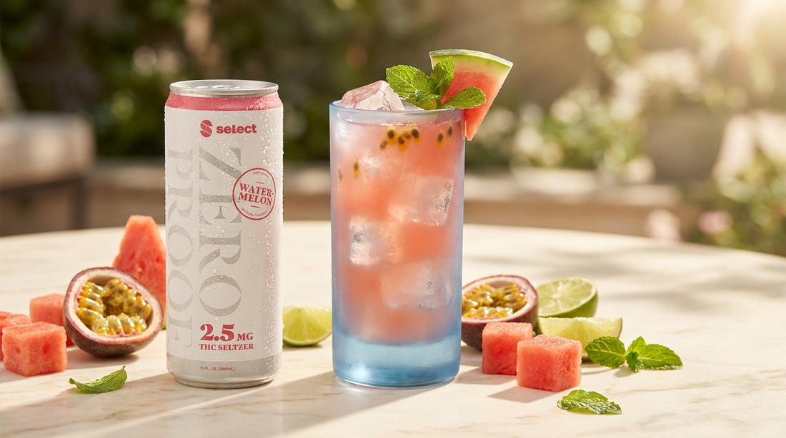 Zero Proof Watermelon THC seltzer beside a watermelon passionfruit sparkler