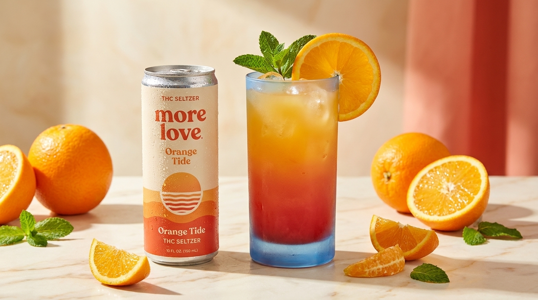 More Love Orange Tide THC seltzer beside an orange sunrise mocktail