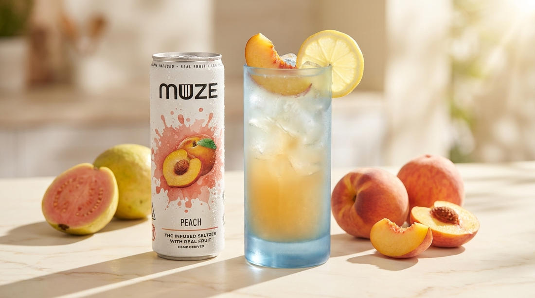 Muze Peach THC seltzer beside a peach guava sparkler