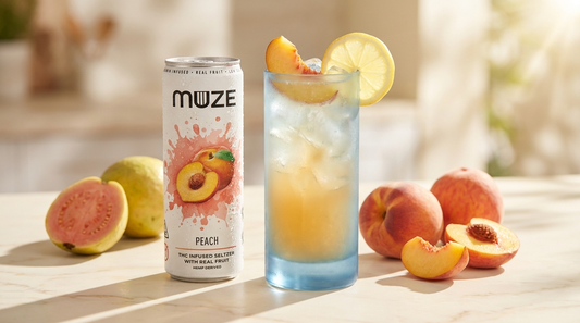 Muze Peach THC seltzer beside a peach guava sparkler