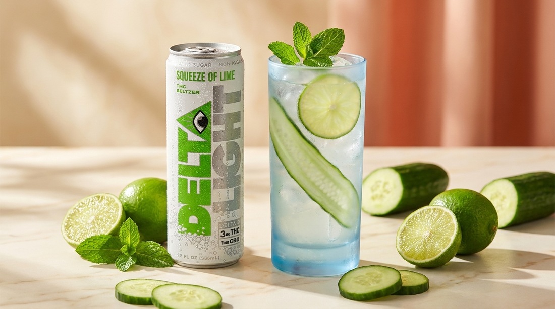 Delta Light Squeeze of Lime THC seltzer beside a citrus mint cucumber cooler