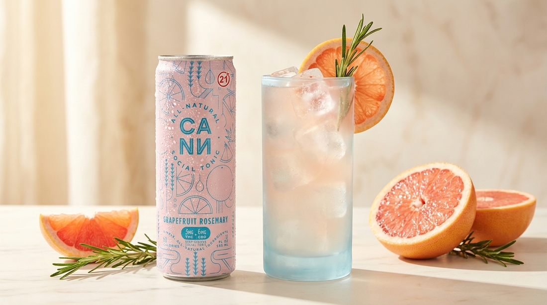 CANN Grapefruit Rosemary THC social tonic beside a grapefruit rosemary spritzer over ice
