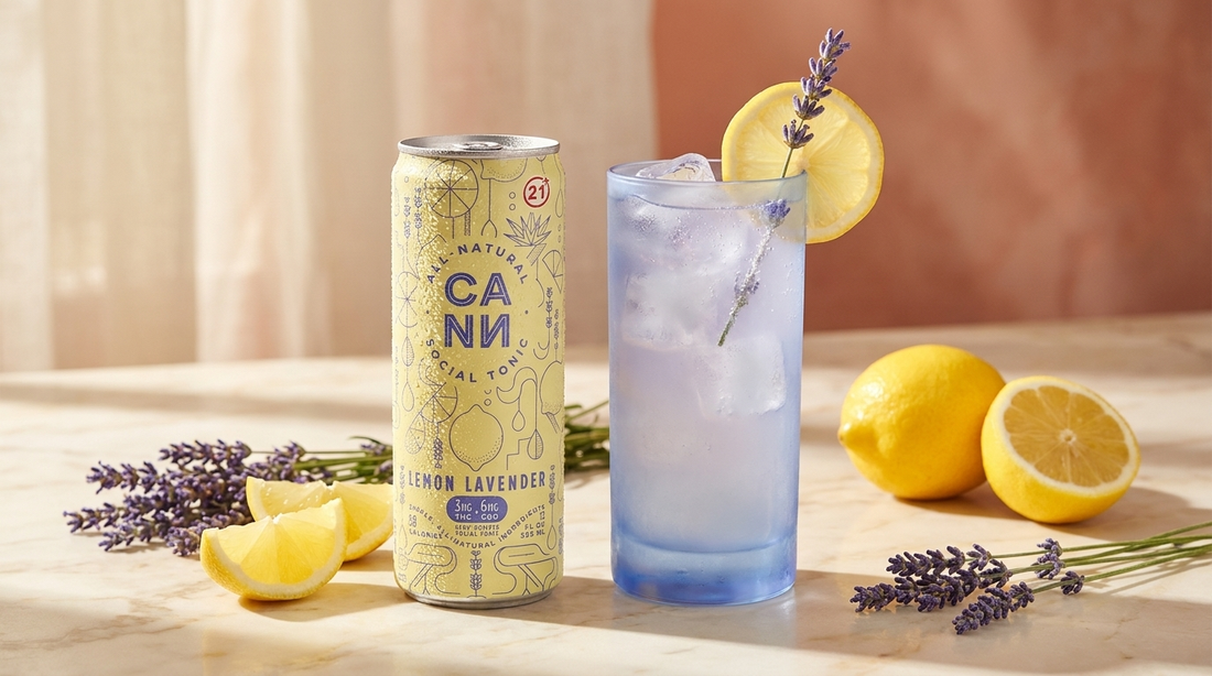 CANN Lemon Lavender THC social tonic beside a sparkling lavender lemon mocktail