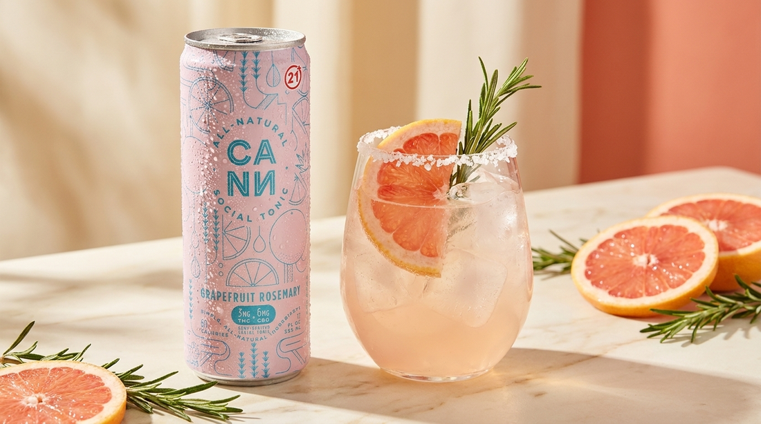 CANN Grapefruit Rosemary THC social tonic beside a grapefruit rosemary sparkler with a salt rim