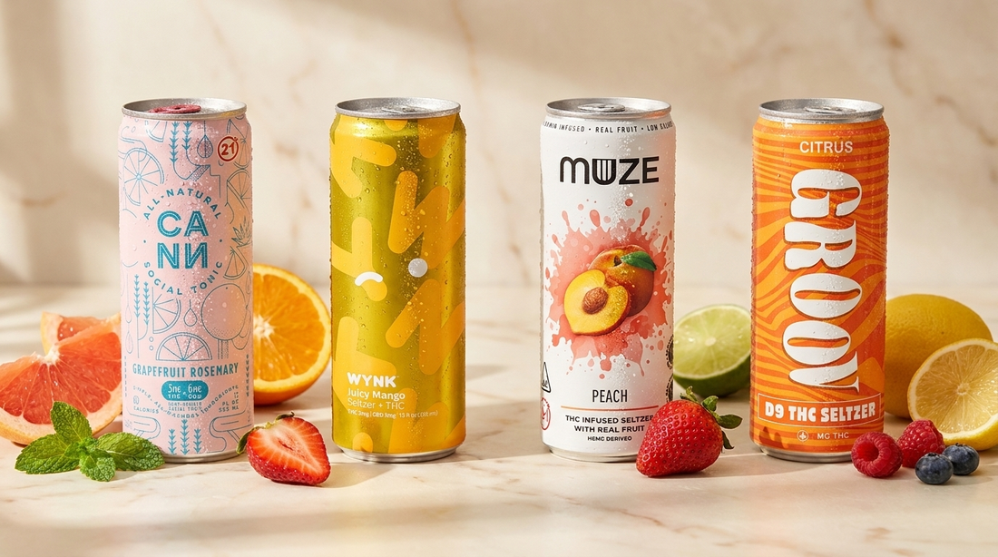 A lineup of the best THC seltzers for 2026: CANN, WYNK, Muze and GROOV cans with fresh fruit