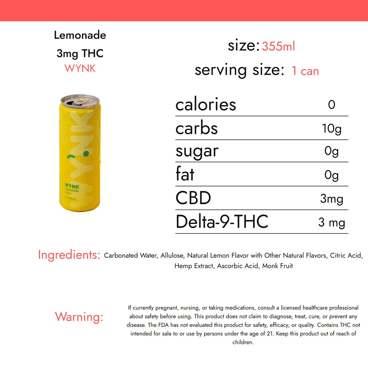 WYNK Lemonade 3mg THC nutrition facts