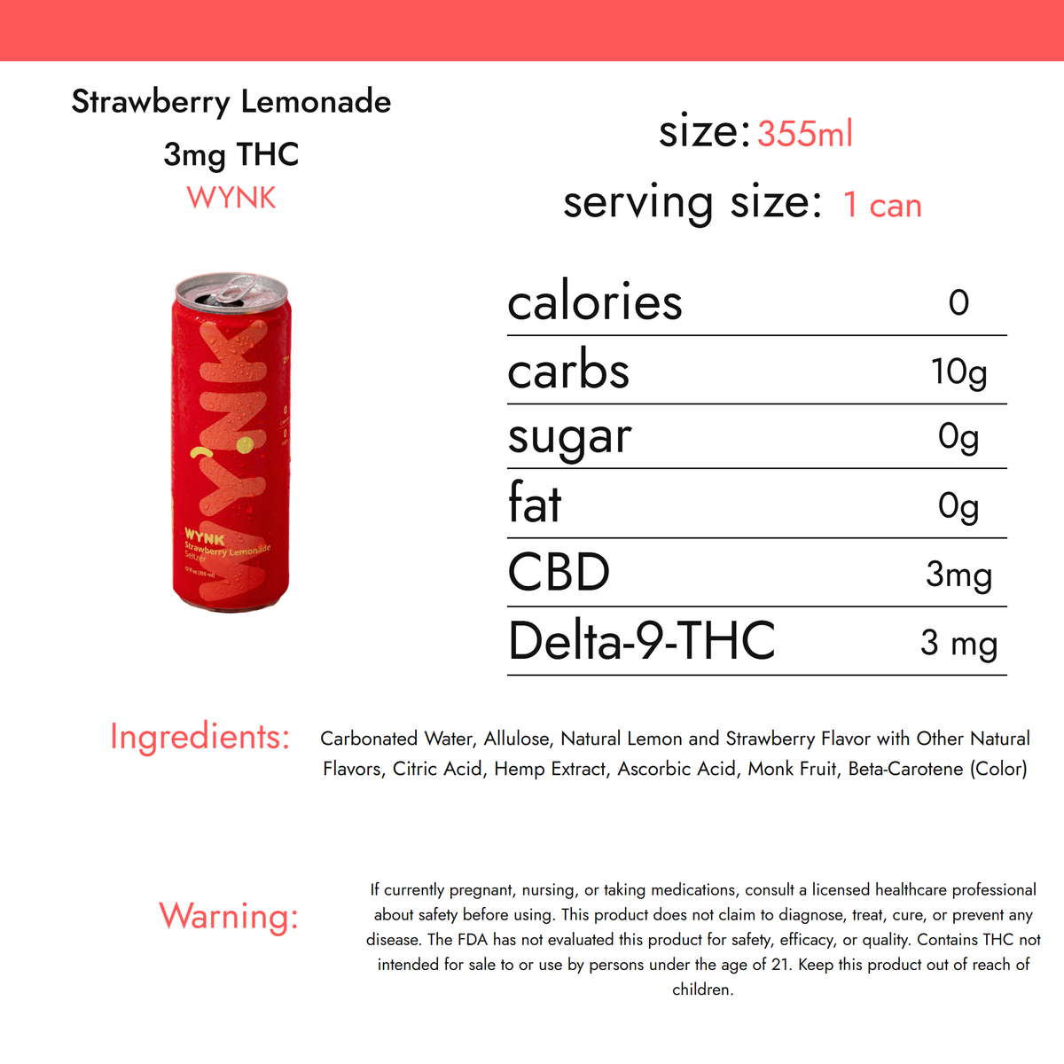 WYNK Strawberry Lemonade 3mg THC nutrition facts