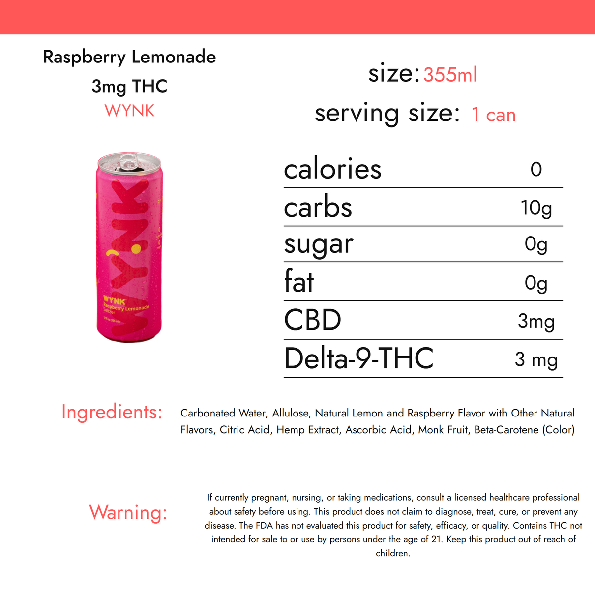 WYNK Raspberry Lemonade 3mg THC nutrition facts
