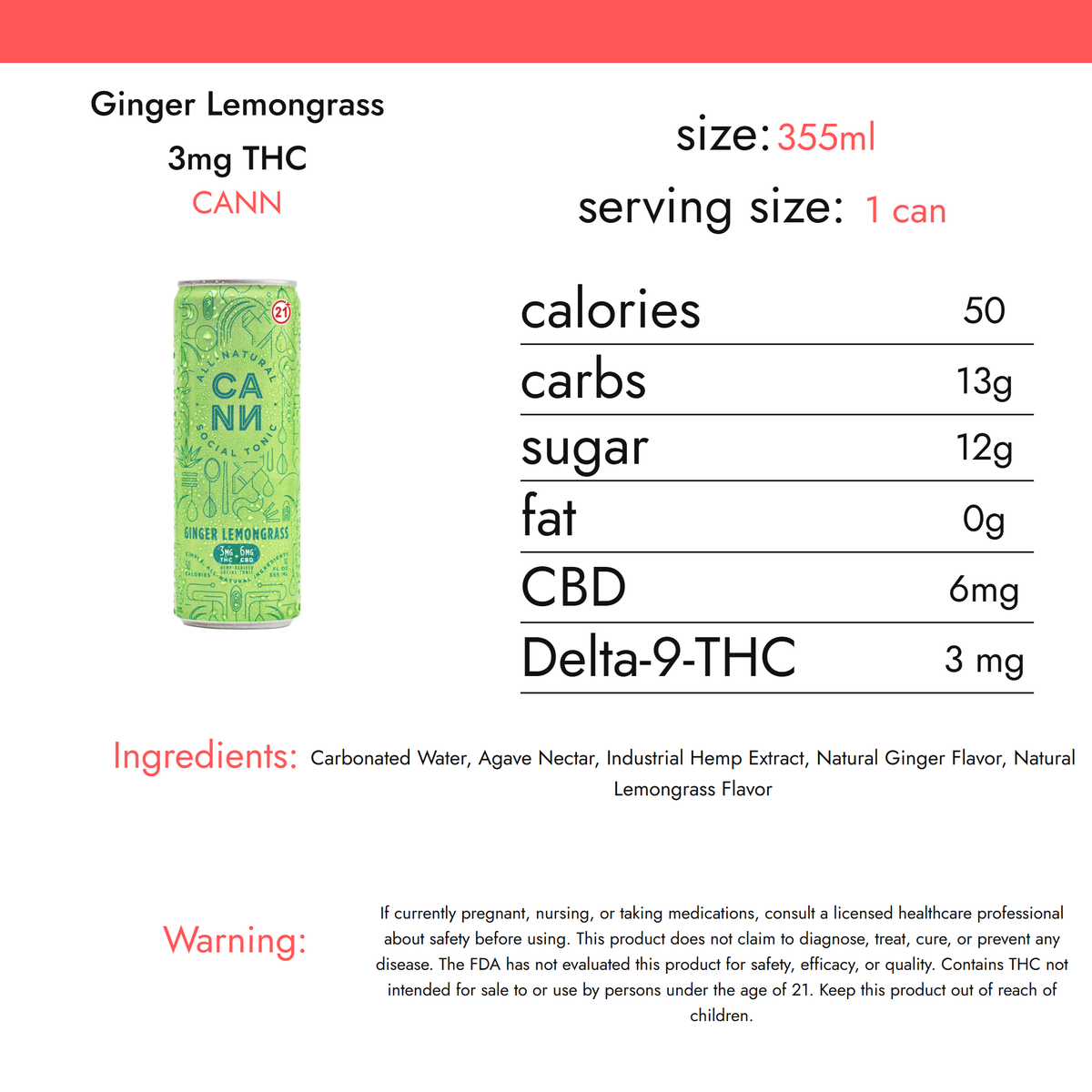 CANN Ginger Lemongrass 3mg THC nutrition facts