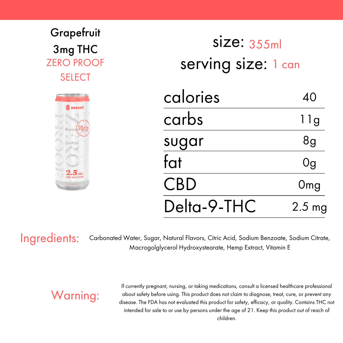 Zero Proof Grapefruit Seltzer 2.5mg THC | 4-pack