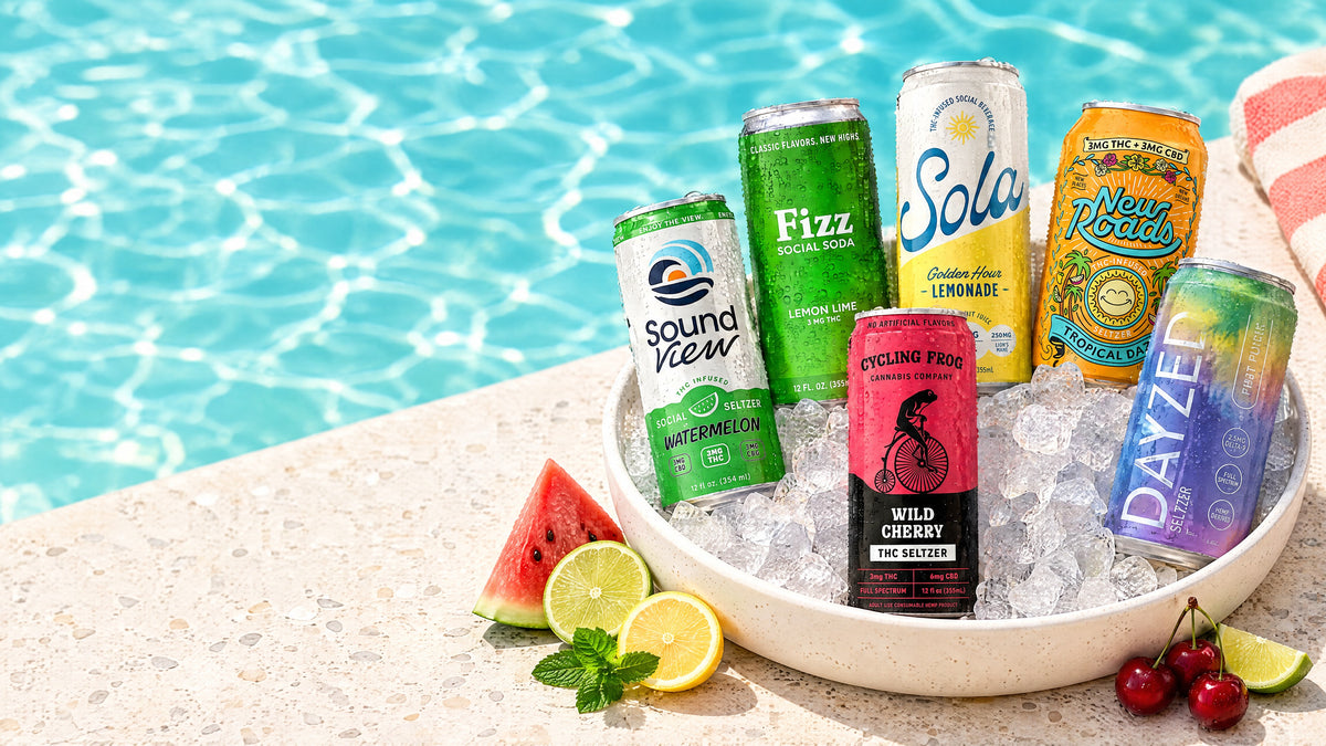 Elevated Beverages hemp-derived THC drinks from SoundView, Fizz, SOLA, New Roads, Cycling Frog and DAYZED on ice by the pool