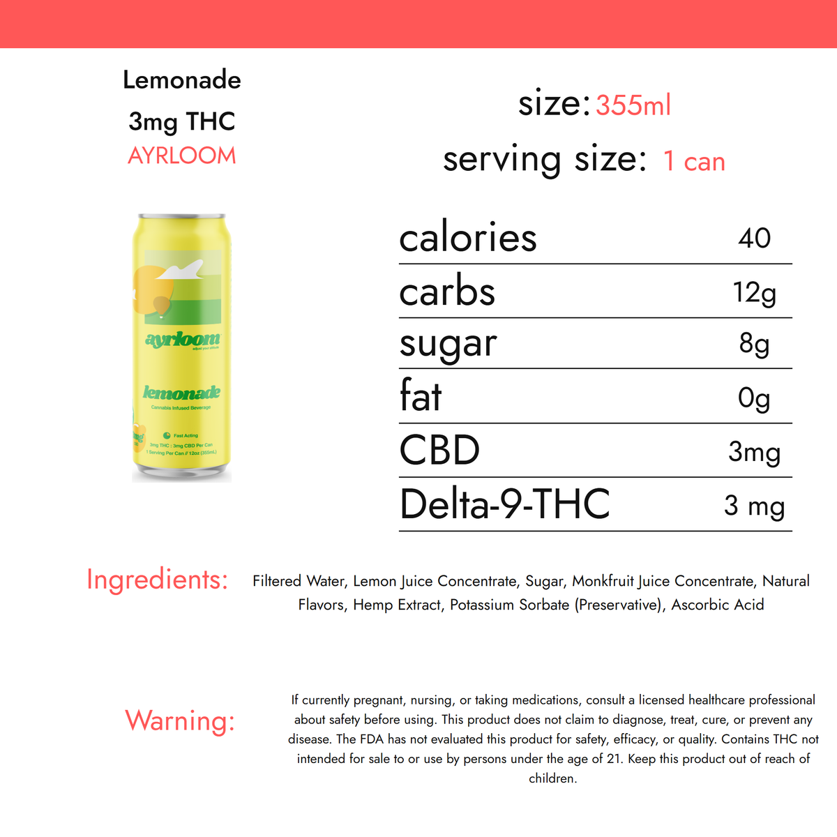 Ayrloom Lemonade 3mg THC nutrition facts