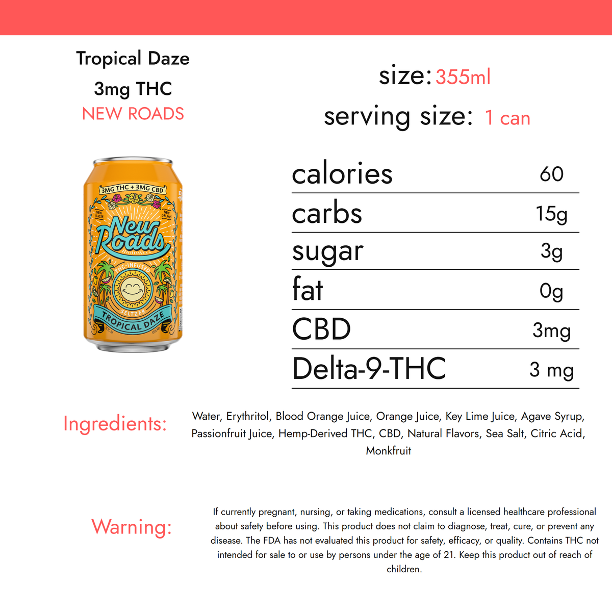New Roads Tropical Daze 3mg THC nutrition facts