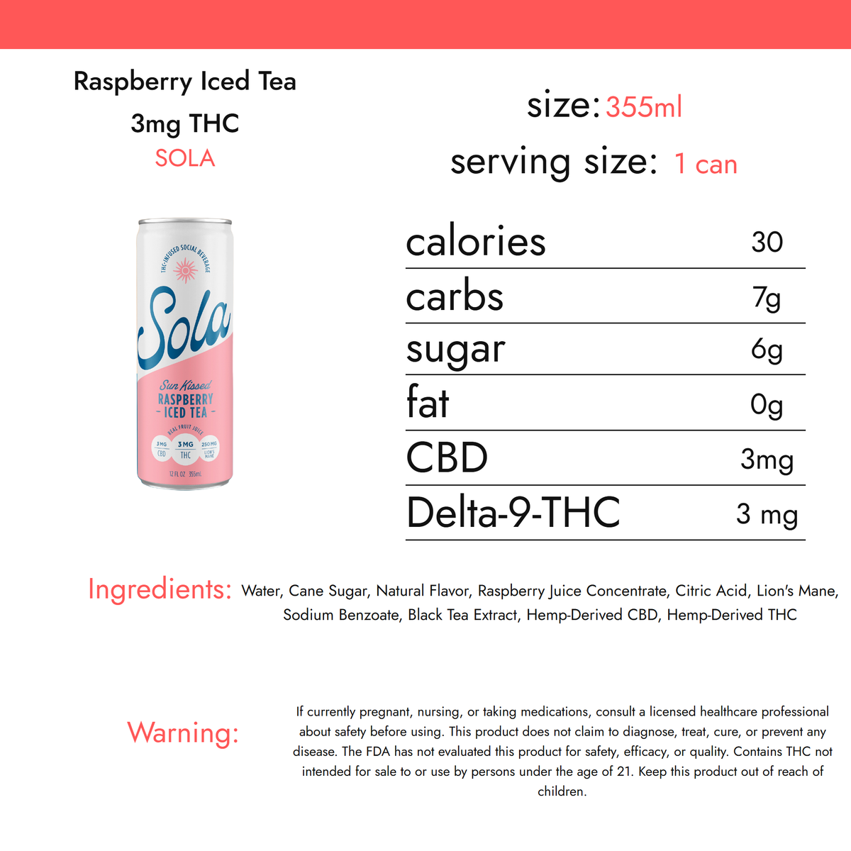 SOLA Raspberry Iced Tea 3mg THC nutrition facts