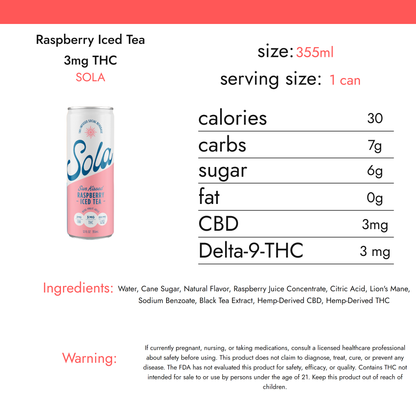 SOLA Raspberry Iced Tea 3mg THC nutrition facts