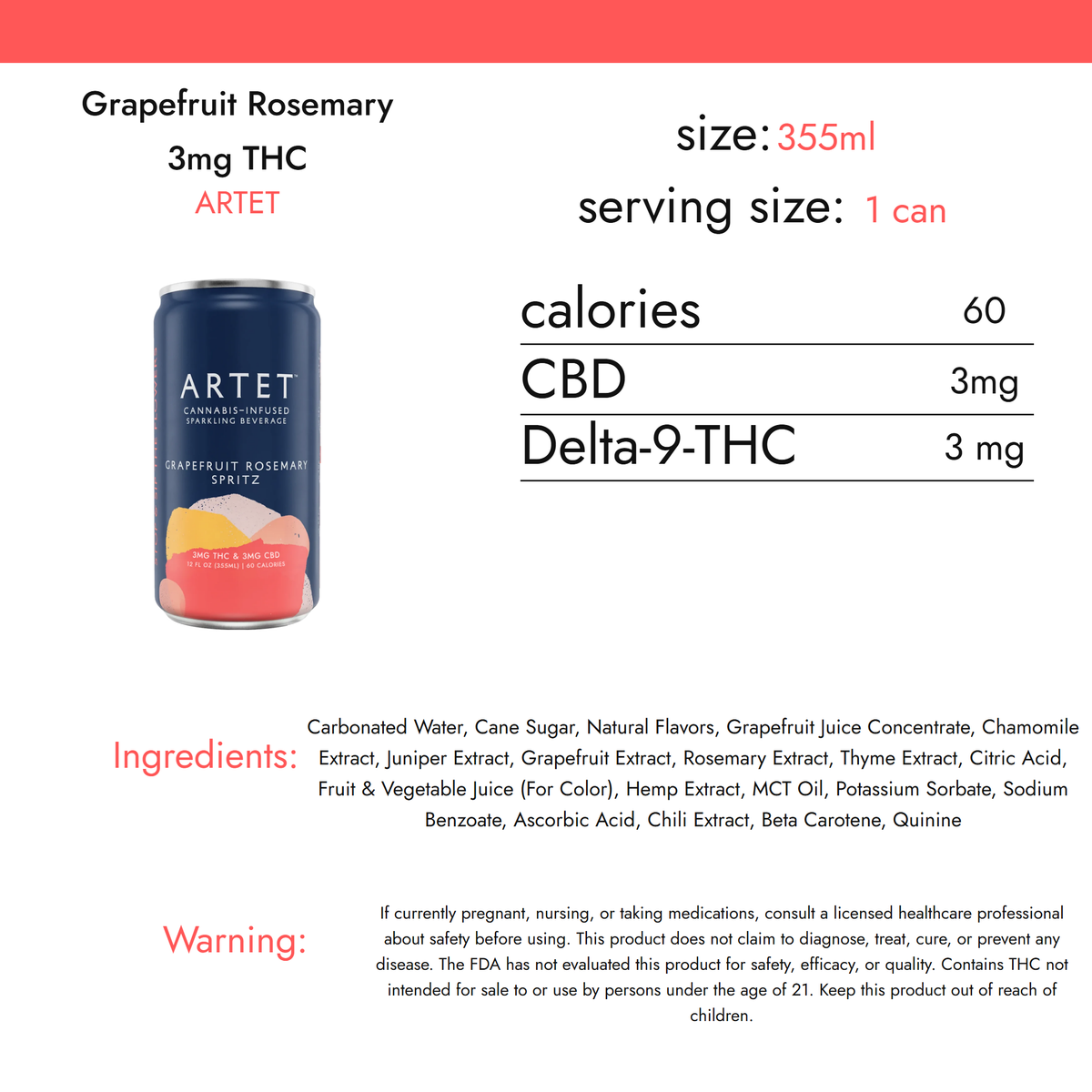 Artet Grapefruit Rosemary 3mg THC nutrition facts