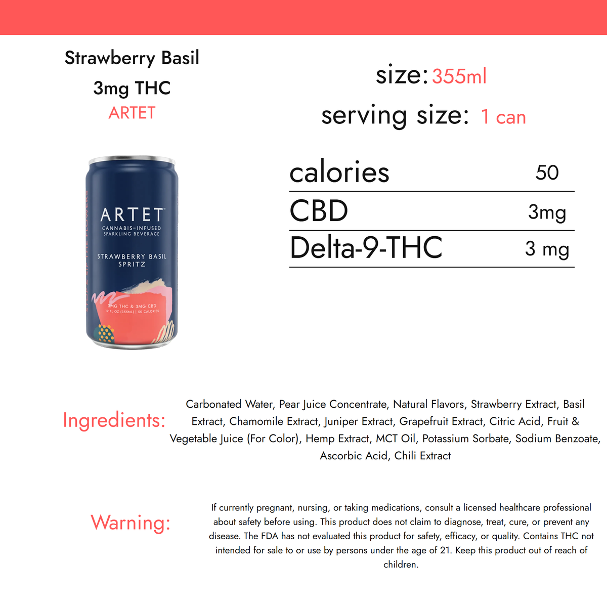 Artet Strawberry Basil 3mg THC nutrition facts