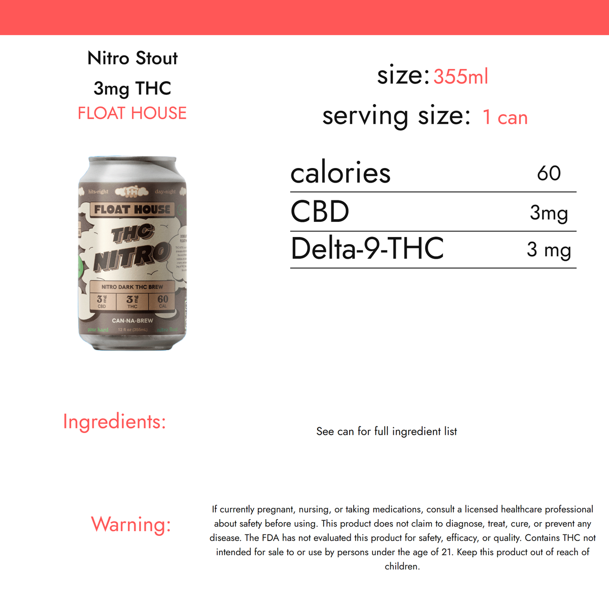 Float House Nitro Stout 3mg THC nutrition facts