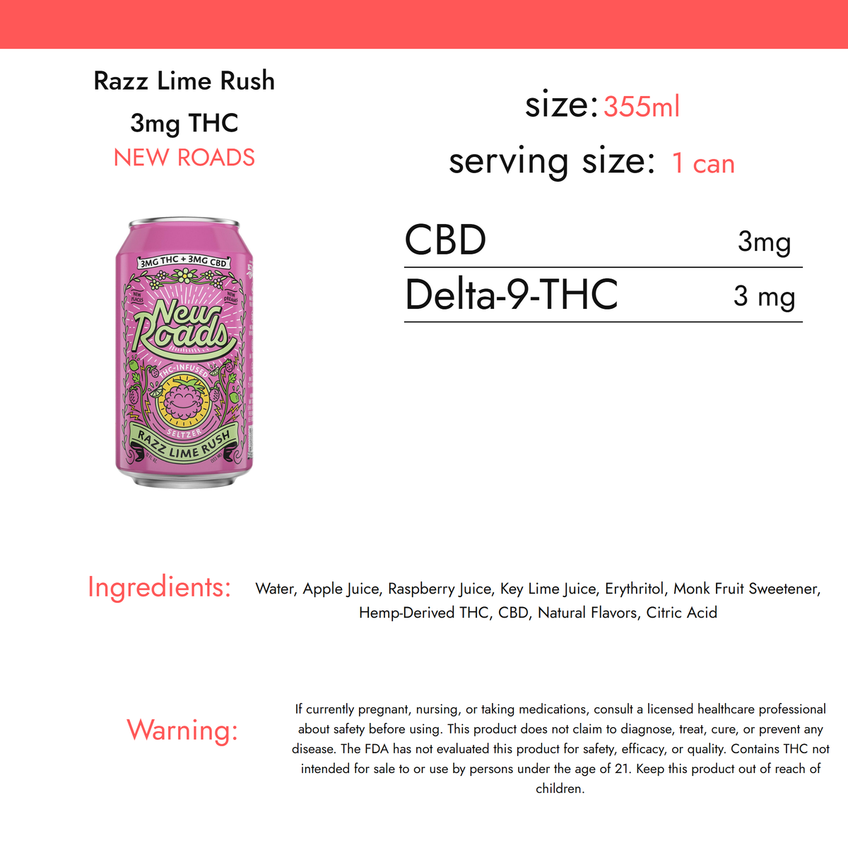 New Roads Razz Lime Rush 3mg THC nutrition facts